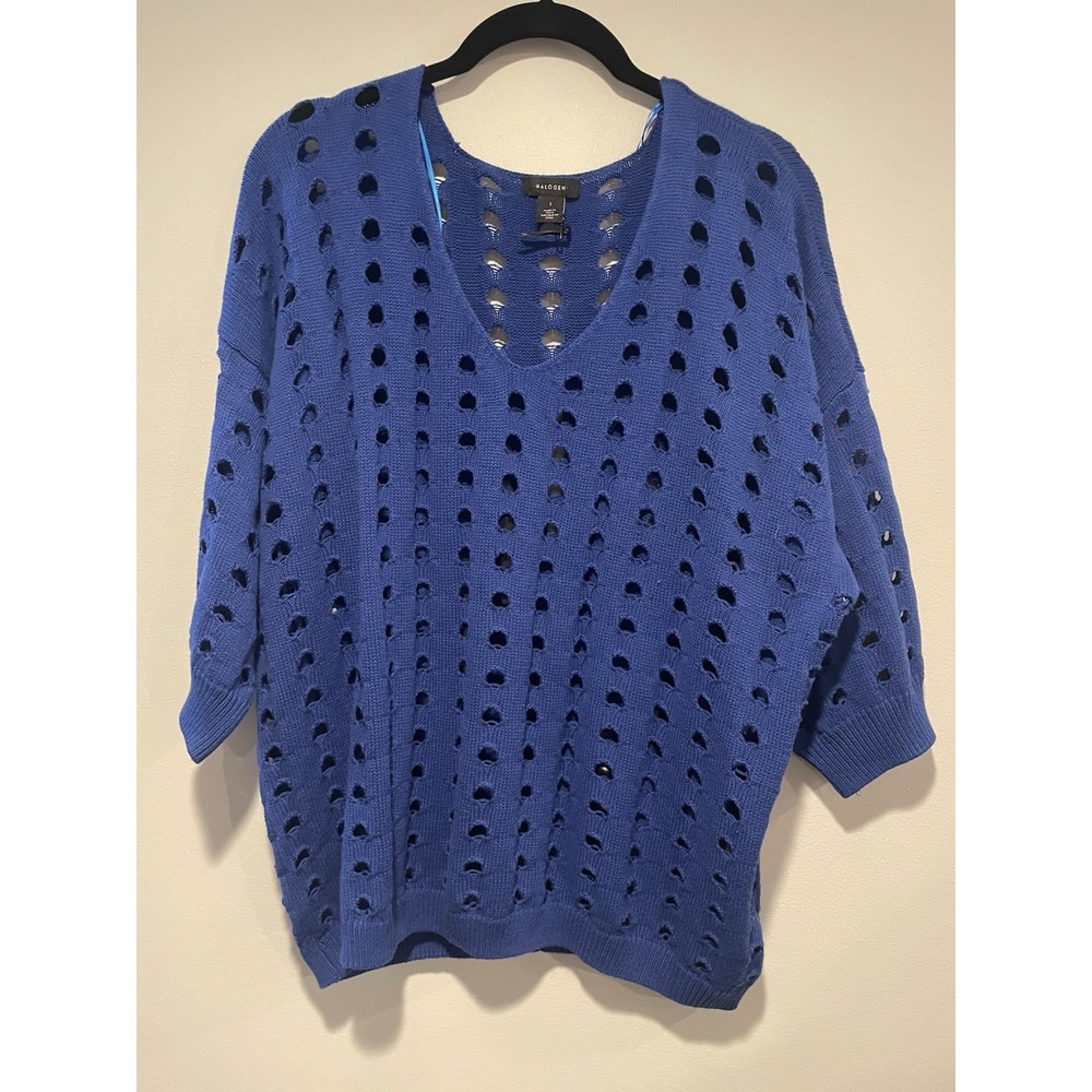 Halogen Blue Hole Knit Sweater Womens Size Large 3/4 Sleeve Netted Cotton Light